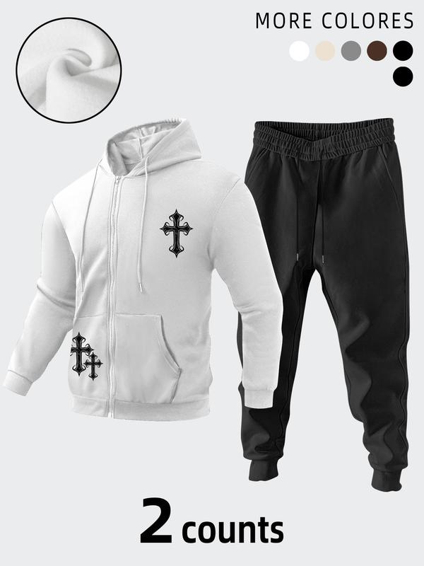 Men's Cross Print Zip Up Hoodie & Drawstring Waist Sweatpants Thickened Two-piece Set, Casual Long Sleeve Hooded Sweatshirt & Pocket Jogger Pants, Men's Fall & Winter Clothes