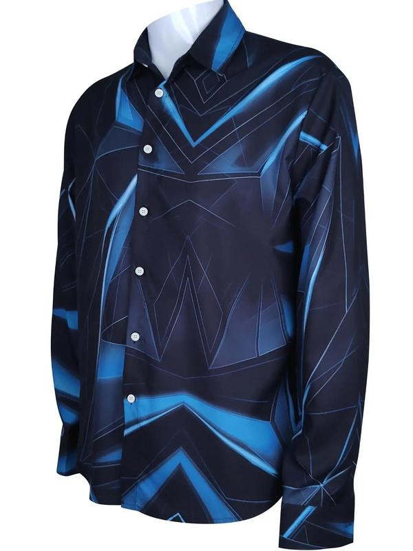 Men's Geometric Print Button Front Shirt, Regular Fit Casual Long Sleeve Collared Top for All Seasons, Men's Clothes