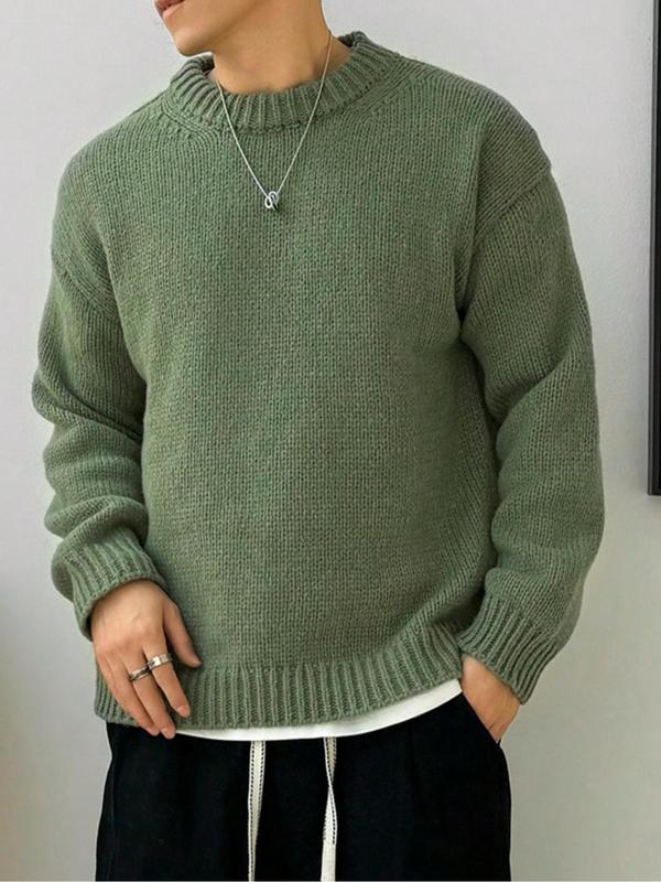 Men's Solid Color Drop Shoulder Sweater, Loose Casual Long Sleeve Round Neck Jumper for Fall & Winter, Men's Knitwear for Daily Wear