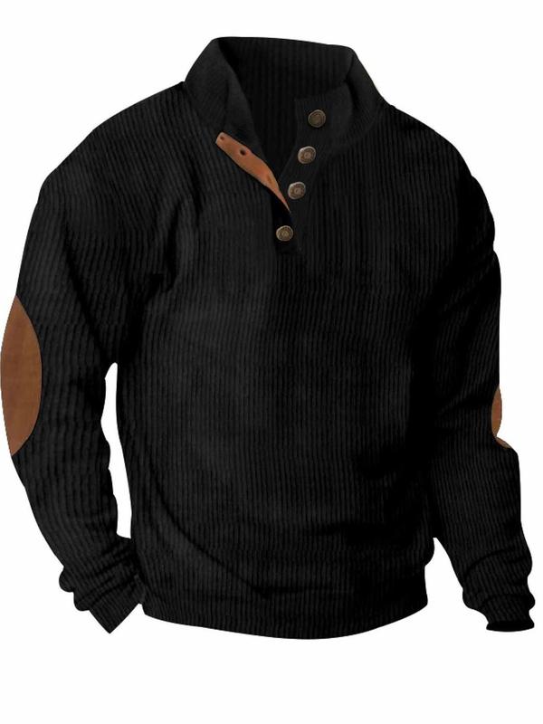 Men's Solid Button Front Corduroy Polo Shirt, Regular Fit Casual Long Sleeve Stand Collar Top for Fall & Winter, Men's Clothes for Daily Wear