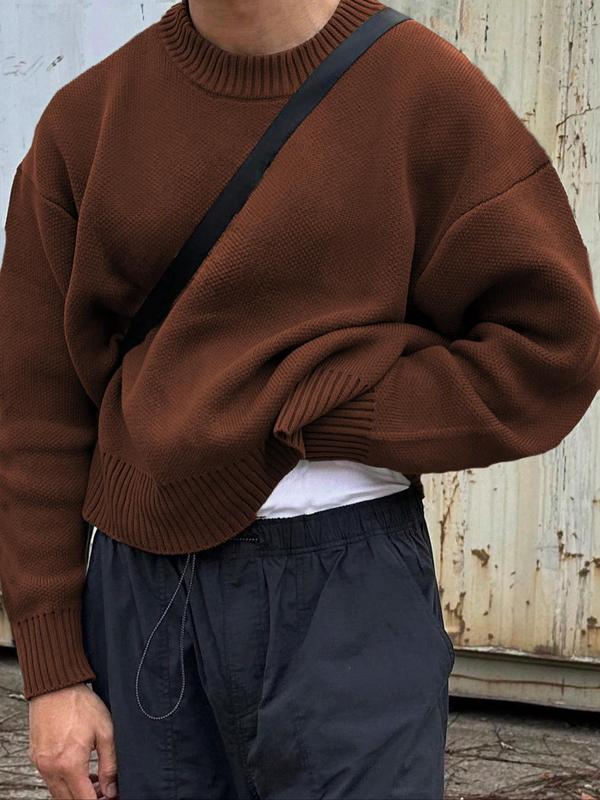 Men's Solid Drop Shoulder  Sweater Pullover, Loose Casual Long Sleeve Round Neck Jumper for Fall & Winter, Fashion Men's Knitwear for Daily Wear