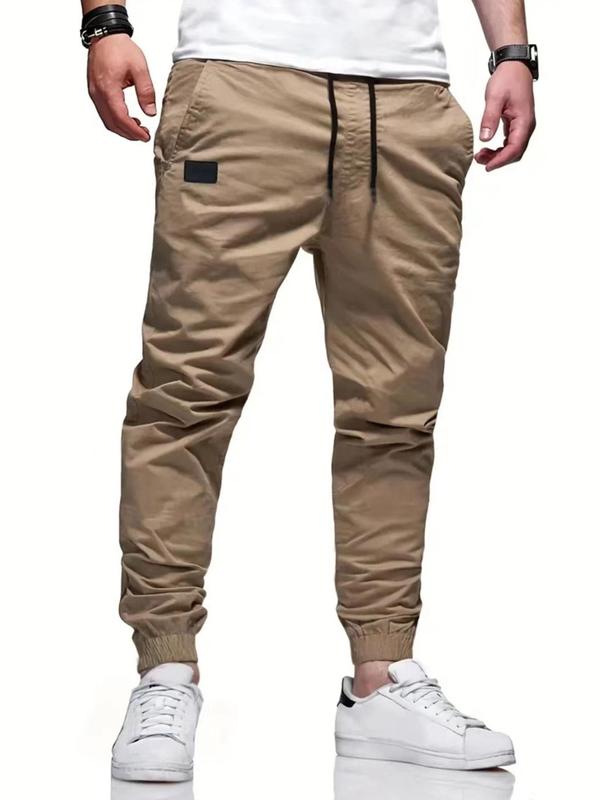 Men's Solid Color Patched Drawstring Waist Jogger Pants, Loose Casual Pocket Trousers for Daily Wear, Fashion Men's Bottoms for All Seasons