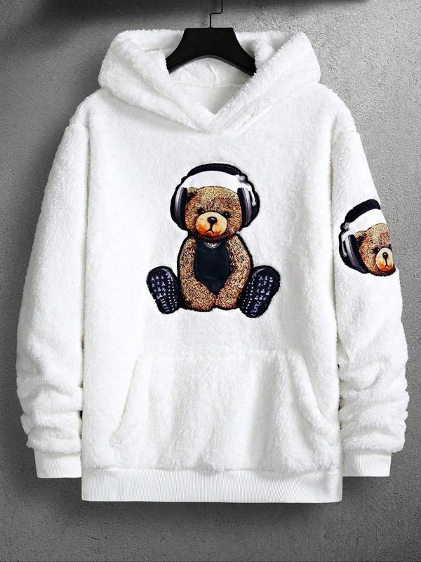 Men's Cartoon Bear Embroidery Pocket Fuzzy Hoodie, Regular Fit Casual Long Sleeve Hooded Sweatshirt for Fall & Winter, Men's Clothes for Daily Wear