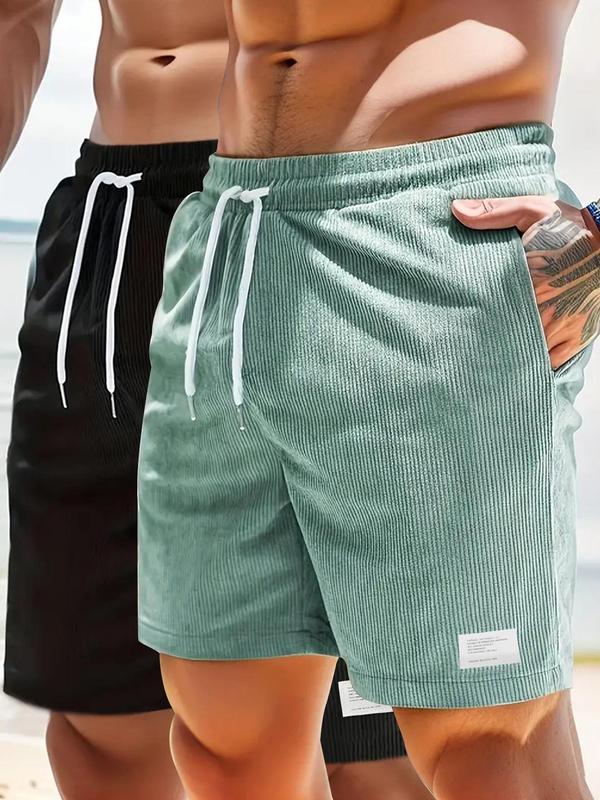 Men's Letter Patched Drawstring Waist Shorts, Casual Plain Pocket Straight Leg Shorts, Back To School Outfits, Men's Summer Bottoms for Daily Wear, Comfy Clothes for Men, Menswear