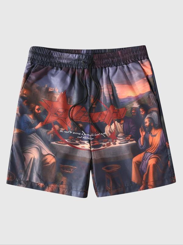 Men's Leaf & Letter Print Drawstring Waist Shorts, Regular Fit Casual Pocket Shorts for Summer, Men's Bottoms for Daily Wear