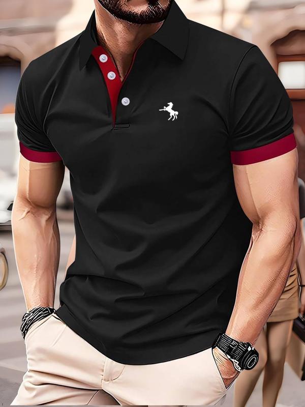 Men's Regular Fit Horse Print Contrast Binding Polo Shirt, Men's Clothing Outfits, Casual Short Sleeve Button Collar Top for Summer, Fashion Men's Clothes for Daily Wear Menswear Gamis