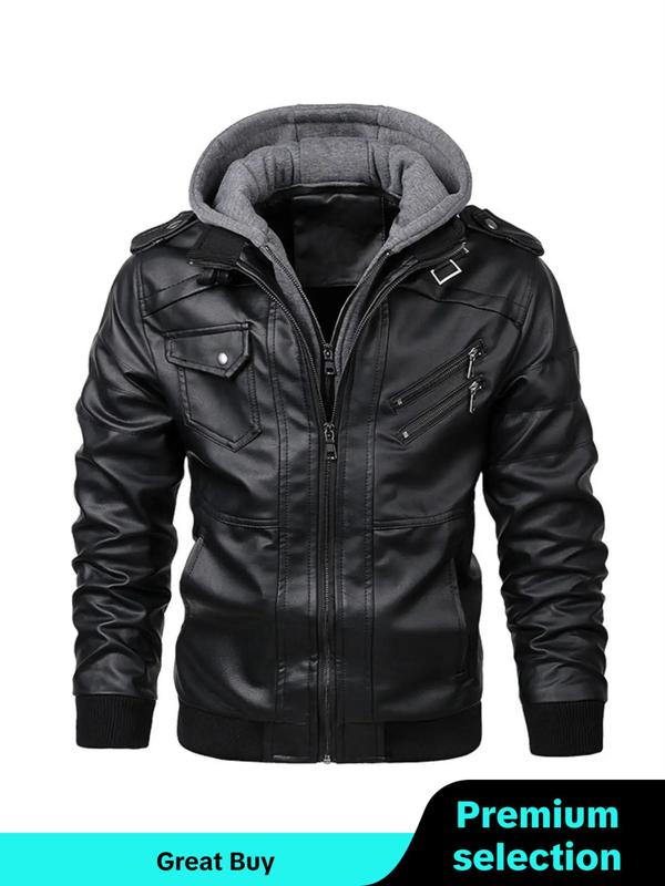 Men's Solid 2 in 1 Pocket Zipper Pu Leather Jacket, Casual Long Sleeve Button Hooded Outerwear for Fall & Winter, Winter Clothes Women, Men's Clothes for Daily Wear