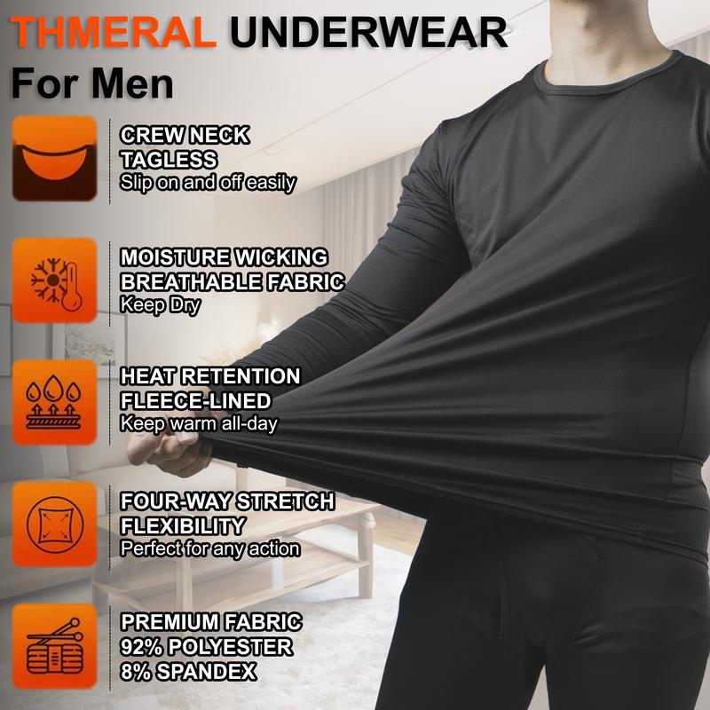 NevEND Long Johns Microfiber Soft Fleece Lined Thermal Underwear for Men Crewneck Set Winter Warm Base Layer Top & Bottom Black S - 2XL Menswear Sweat