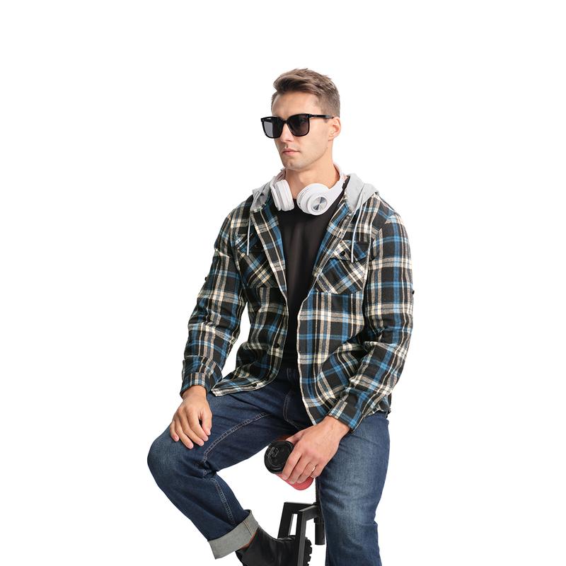 Gopune Men's Casual Flannel Plaid Button Hooded Shirts Lightweight Outdoor Jacket