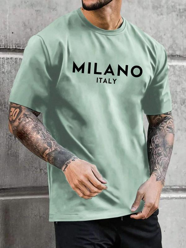 Unisex Men's Letter Print Drop Shoulder Short Sleeve Tee, Regular Fit Casual Streetwear Round Neck T-shirt for Summer, Graphic Tees, Menswear for Daily Wear