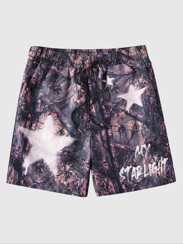 Men's Leaf & Letter Print Drawstring Waist Shorts, Regular Fit Casual Pocket Shorts for Summer, Men's Bottoms for Daily Wear