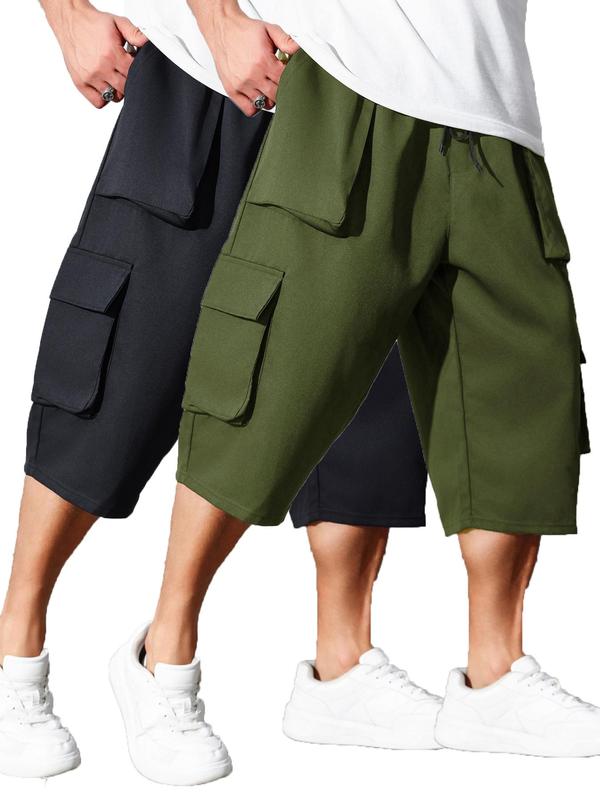  Men's Solid Flap Pocket Drawstring Waist Capri Cargo Pants, Street Regular Fit Capri Mens Shorts Pants for Daily Wear, Mens Pants, Men's Bottoms