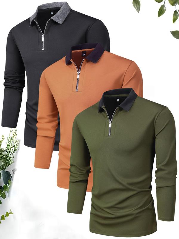 Men's Colorblock Zipper Polo Shirt, Casual Longsleeves Collared Top, Men's Clothes for Daily Menswear, Boyfriend Gifts, Drippy Outfits Going Out Outfit, Polo Shirts Men, Long Sleeve Tops