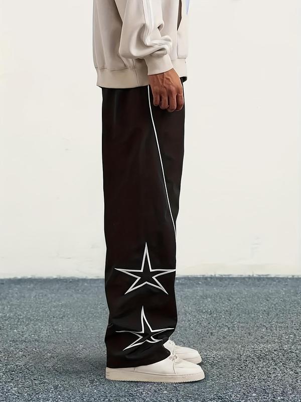  Star Embroidery Drawstring Waist Wide Leg Pants, Casual Elastic Waist Pocket Trousers for Men, Men's Bottoms for Fall & Winter