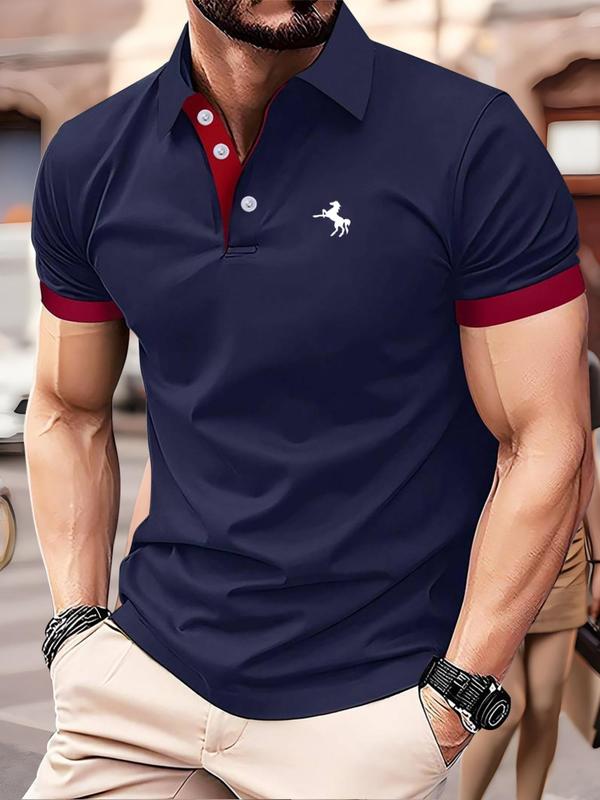 Men's Regular Fit Horse Print Contrast Binding Polo Shirt, Men's Clothing Outfits, Casual Short Sleeve Button Collar Top for Summer, Fashion Men's Clothes for Daily Wear Menswear Gamis