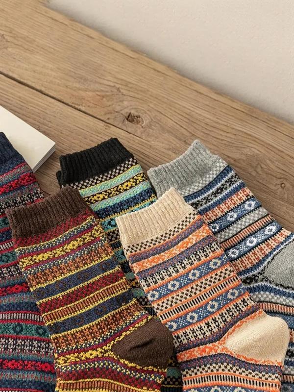 Men's 5 Pairs Ethnic Pattern Crew Socks, Retro Casual Fashion Warm Comfy Socks for Fall & Winter, Men's Socks for Daily Wear