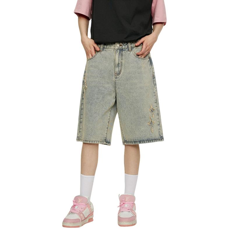 Iconslab&Psylos1 Cross Star Embroidery Denim  Shorts Fashion  Casual Retro Loose Straight Pants