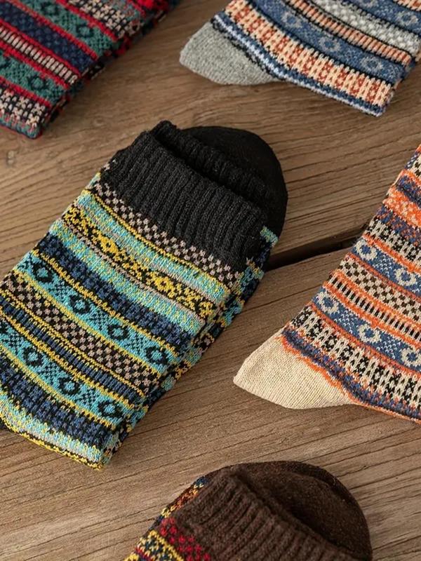 Men's 5 Pairs Ethnic Pattern Crew Socks, Retro Casual Fashion Warm Comfy Socks for Fall & Winter, Men's Socks for Daily Wear