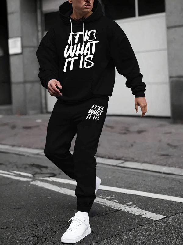 Men's Letter Print Drop Shoulder Drawstring Hoodie & Drawstring Waist Sweatpants Two-piece Set, Regular Fit Casual Breathable Pocket Two Piece Outfits for Daily Workout Running, Men's Clothes for Fall & Winter