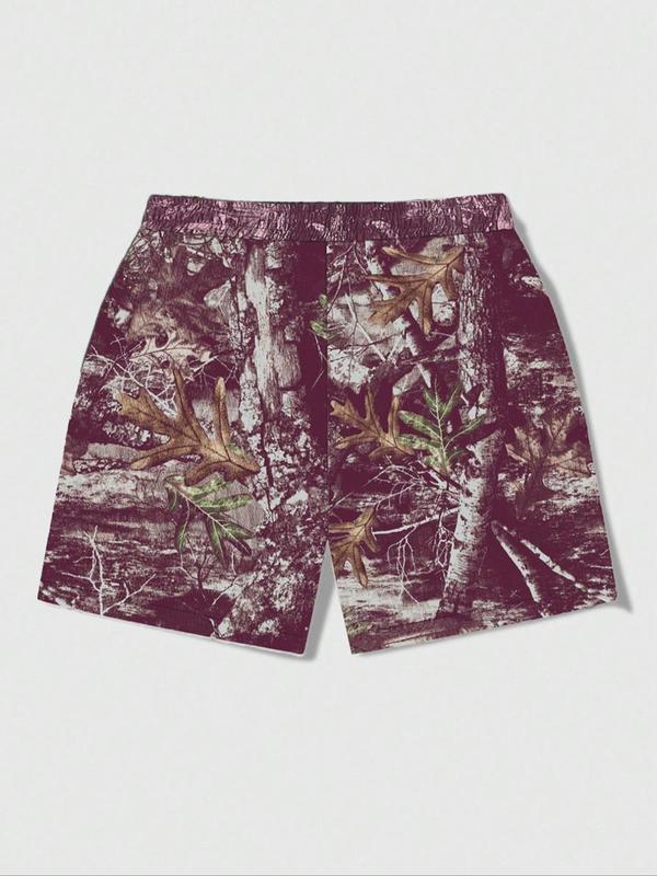 Men's Leaf & Letter Print Drawstring Waist Shorts, Regular Fit Casual Pocket Shorts for Summer, Men's Bottoms for Daily Wear