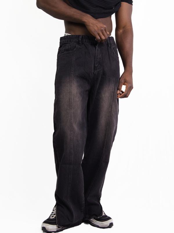 Men's Retro Washed Straight-Leg Jeans with Split Zipper at the Trouser Hem