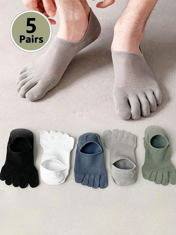 Men's 5 Pairs Plain Five-toe Socks, Thin Mesh Breathable Sweat-absorbing Low Cut Ankle Socks, Men's Stocking Stuffers, Menswear Underwear, Casual Sports Socks, Men's Split Toe Socks