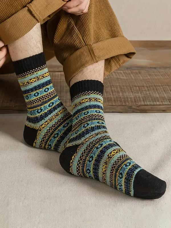 Men's 5 Pairs Ethnic Pattern Crew Socks, Retro Casual Fashion Warm Comfy Socks for Fall & Winter, Men's Socks for Daily Wear