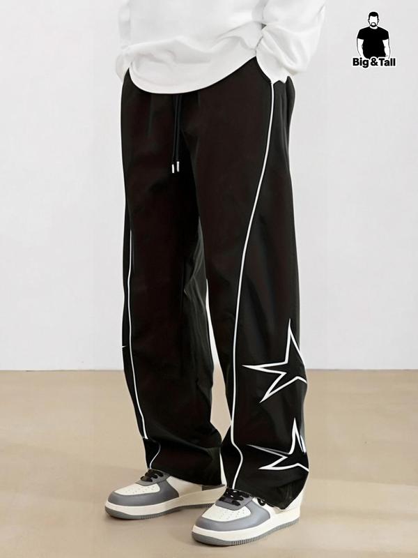  Star Embroidery Drawstring Waist Wide Leg Pants, Casual Elastic Waist Pocket Trousers for Men, Men's Bottoms for Fall & Winter