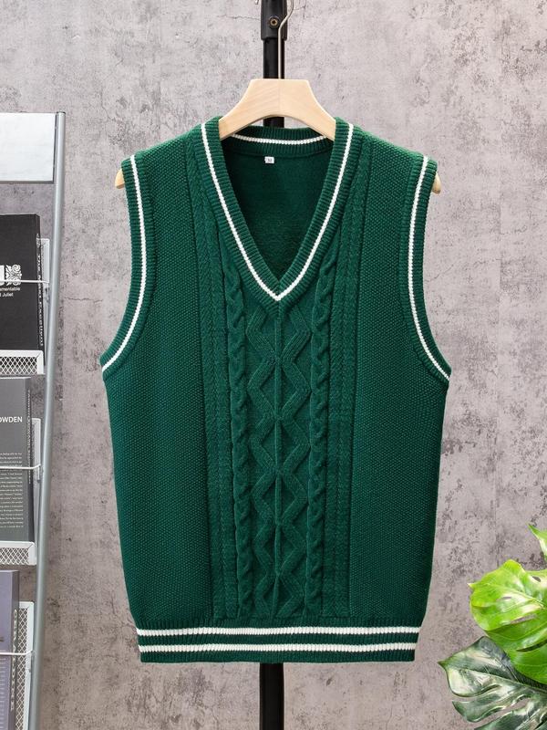 Men's Striped Print Contrast Binding V Neck Sweater Vest, Regular Fit Casual Sleeveless Jumper Vest for Spring & Fall, Fashion Men's Knitwear for Daily Wear, Fall Outfits, Fallfreshness