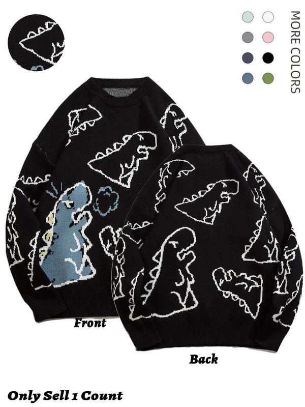 Unisex Sweater, Classic Trendy Print Round Neck Longsleeves Dinosaur Sweater, Loose Soft Crew Neck Jumper Tops for Fall & Winter, Sweater for Men, Back To School Outfits, Men's Spring Crewneck Sweatshirt Knitwear Clothes Fall Clothing Women