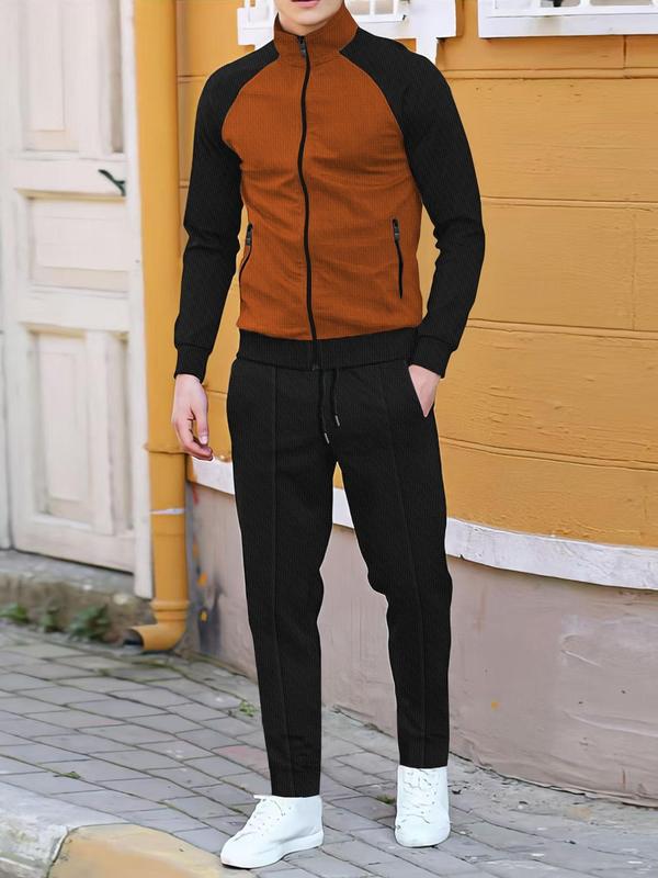 Two-piece Set Men's Colorblock Zip Up Pocket Jacket & Elastic Waist Pants Sportswear Set, Regular Fit Sporty Long Sleeve Outerwear & Trousers, Casual Spring & Fall Clothes for Men