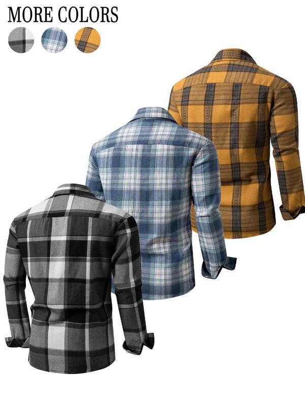 Men's Random Plaid Print Button Front Shirt, Casual Regular Fit Long Sleeve Collared Top for Fall & Winter, Men's Clothes for Daily Wear