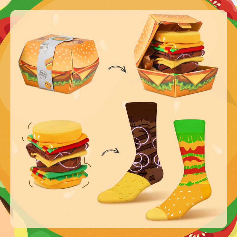 Funny Burger Socks Box - Comfortable & soft - Fathers Birthday Gag Christmas Gifts for Men Teen Boys Men's Menswear Embroidered Love Novelty Cotton Retro Striped Thick Men's Socks