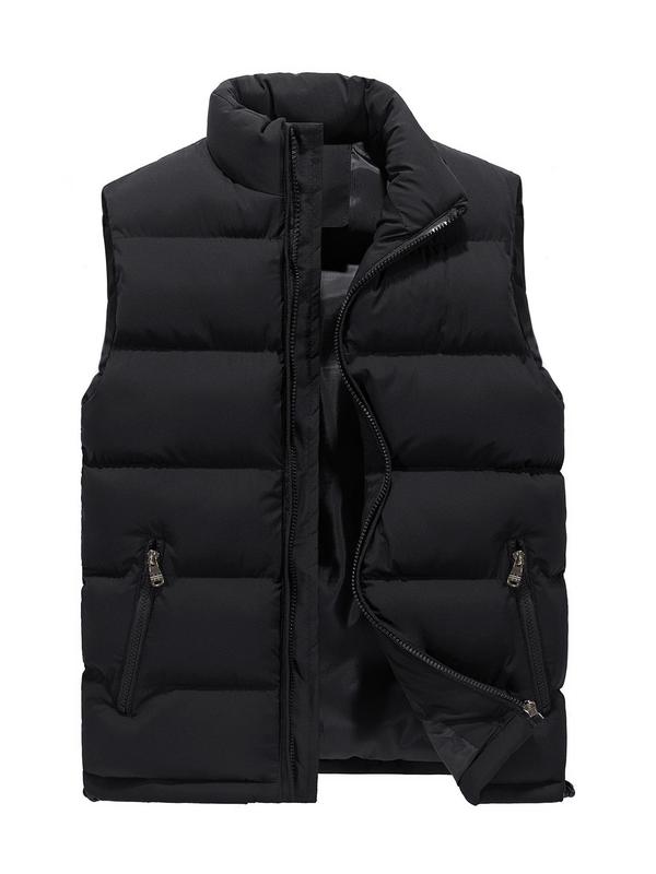 Men's Solid Zip Up Pocket Design Gilet, Regular Fit Casual Stand Collar Sleeveless Outerwear for Fall & Winter, Men's Clothes for Daily Wear