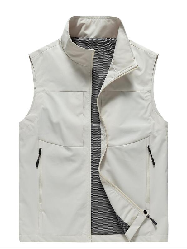 Men's Solid Zip Up Pocket Vest Jacket, Regular Fit Casual Stand Collar Sleeveless Outerwear for Spring & Fall, Men's Clothes for Daily Wear