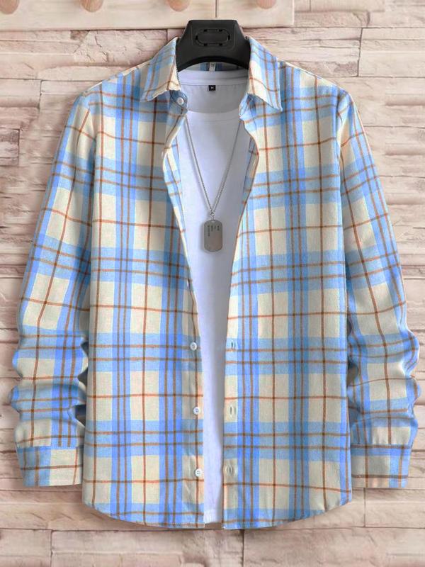 Men's Plaid Print Button Front Shirt, Casual Regular Fit Long Sleeve Collared Top for Fall & Winter, Men's Clothes for Daily Wear