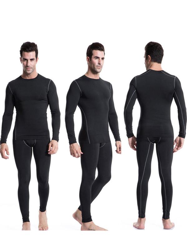 Men's Contrast Binding Long Sleeve Thermal Underwear Set, Casual Round Neck Top & Leggings, Comfy Men's Underwear Set for Fall & Winter