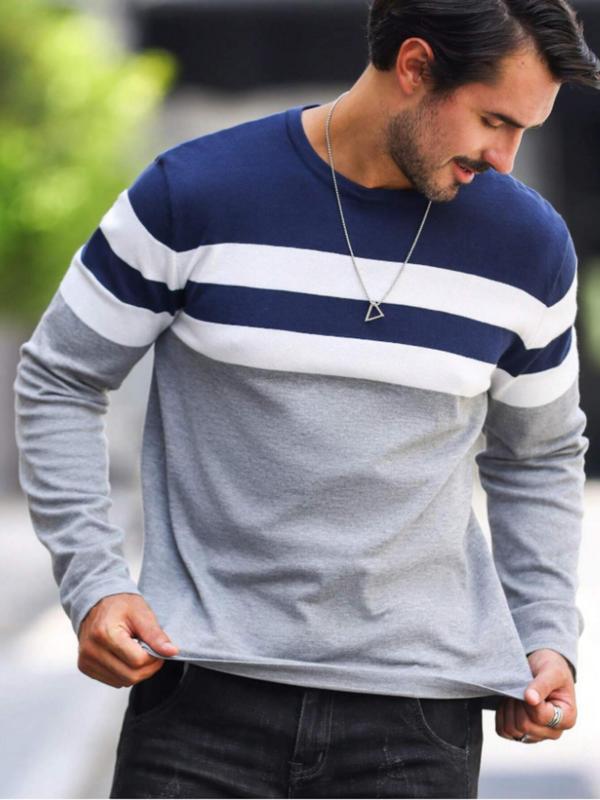 Men's Patchwork Round Neck Sweater, Casual Long Sleeve  Jumper for Fall & Winter, Fashion Men's Knitwear for Daily Wear