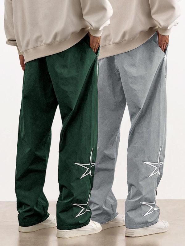 Men's Star Embroidery Drawstring Waist Sweatpants, Casual Loose Pocket Straight Leg Trousers for Daily Wear, Men's Bottoms for All Seasons, Pro Club Sweatpants