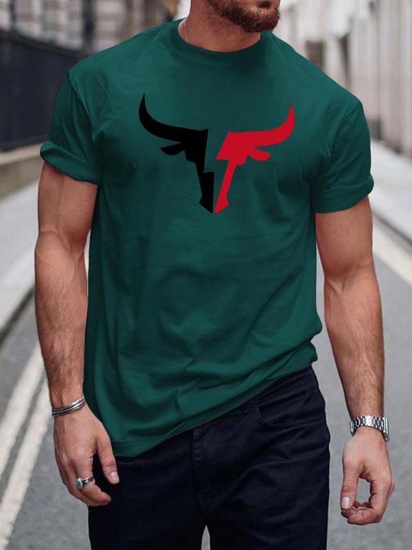 Men's Bull Print Round Neck Tee, Regular Fit Casual Streetwear Short Sleeve Graphic T-shirt, Men's Summer Clothes Tops for for Daily Wear, Summer Outfits 2024