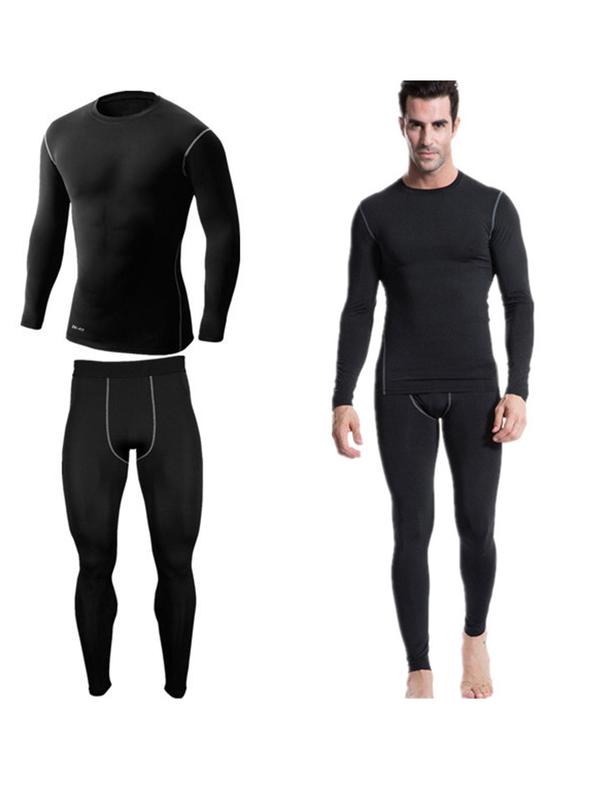 Men's Contrast Binding Long Sleeve Thermal Underwear Set, Casual Round Neck Top & Leggings, Comfy Men's Underwear Set for Fall & Winter