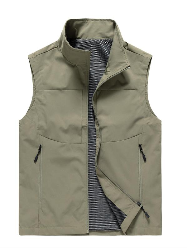 Men's Solid Zip Up Pocket Vest Jacket, Regular Fit Casual Stand Collar Sleeveless Outerwear for Spring & Fall, Men's Clothes for Daily Wear