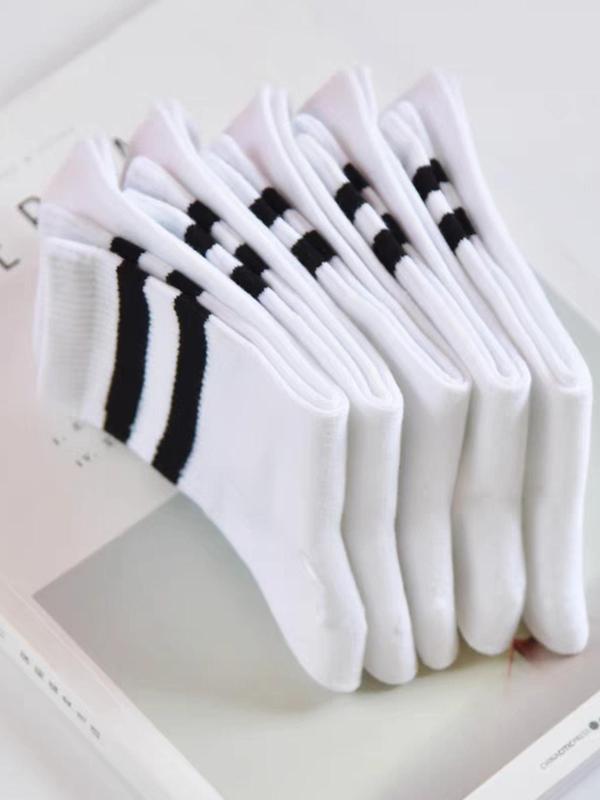 Men's Striped Print Crew Socks, Casual Comfortable Breathable Cozy Mid-calf Socks for Daily Wear, 10 Pairs Multipack Knit Socks for Spring & Fall