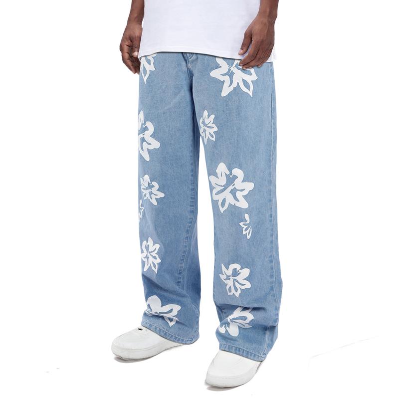 GINGTTO Mens Denim Pants Straight Leg Stretch Printing Street Hip Hop Jeans Streetwear