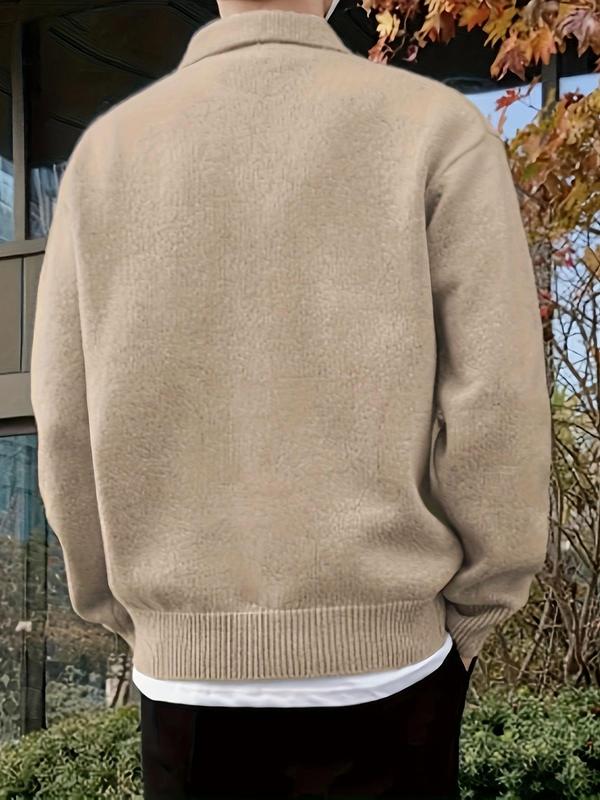 Men's Solid Drop Shoulder Cable Knit Polo Sweater, Regular Fit Casual Long Sleeve Button Collared Jumper for Fall & Winter, Men's Knitwear for Daily Wear