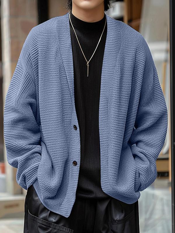 Men's Solid Color V Neck Button Front Cardigan, Loose Casual Drop Shoulder Long Sleeve Knitwear for Spring & Fall, Fashion Men's Knit Clothing for Daily Wear