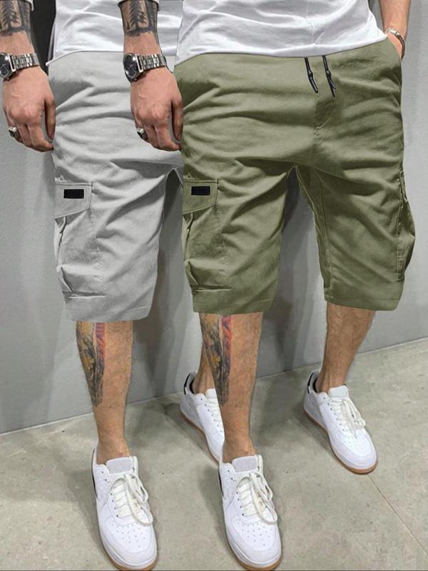 Men's Plain Drawstring Waist Cargo Shorts, Casual Streetwear Pocket Shorts, Back to School Outfits, Summer Regular Fit Beach Shorts for Men