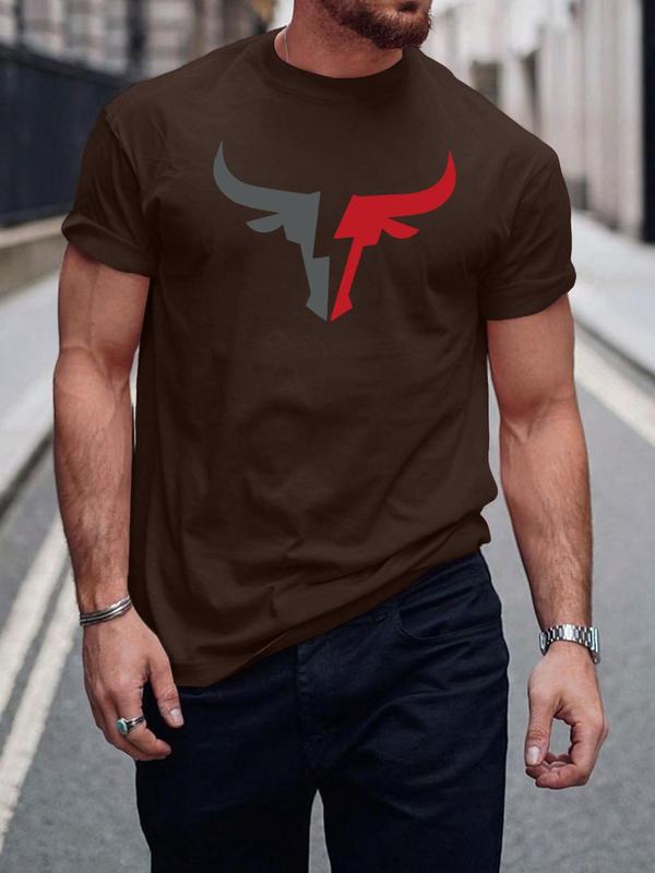 Men's Bull Print Round Neck Tee, Regular Fit Casual Streetwear Short Sleeve Graphic T-shirt, Men's Summer Clothes Tops for for Daily Wear, Summer Outfits 2024