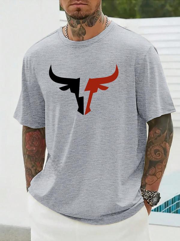 Men's Bull Print Round Neck Tee, Regular Fit Casual Streetwear Short Sleeve Graphic T-shirt, Men's Summer Clothes Tops for for Daily Wear, Summer Outfits 2024