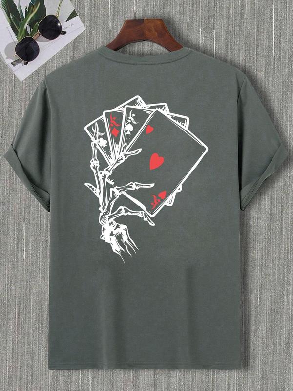 Unisex Men's Playing Card Print Drop Shoulder Tee, Vintage 90s Tops, Regular Fit Casual Comfy Short Sleeve Round Neck T-Shirt for Summer, Menswear for Daily Wear